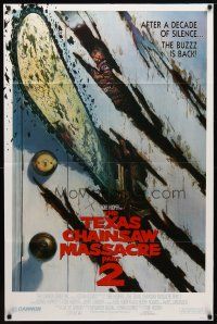 9x876 TEXAS CHAINSAW MASSACRE PART 2 door style 1sh '86 Tobe Hooper horror sequel, cool Huston art!