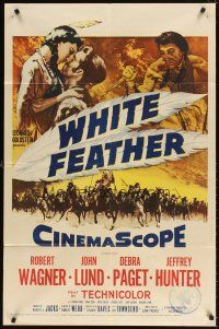 9x965 WHITE FEATHER 1sh '55 art of Robert Wagner & Native American Debra Paget!
