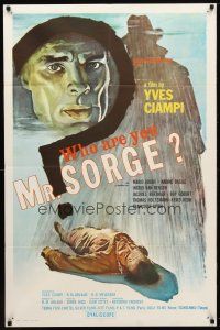 9x967 WHO ARE YOU MR SORGE 1sh '61 artwork of huge silhouette looming over unconscious man!