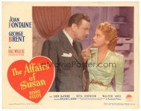 9y216 AFFAIRS OF SUSAN LC #2 '45 close up of George Brent looking sternly at Joan Fontaine!
