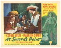 9y244 AT SWORD'S POINT LC #6 '52 sexy Maureen O'Hara looks at Cornel Wilde across table!