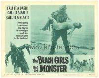 9y261 BEACH GIRLS & THE MONSTER LC #2 '65 best close up of wacky sea monster holding sexy girl!