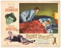 9y266 BEHAVE YOURSELF LC #4 '51 c/u of Farley Granger bothering sexy Shelley Winters in bed!