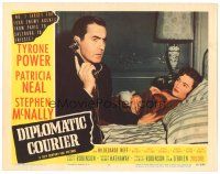 9y419 DIPLOMATIC COURIER LC #4 '52 c/u of Tyrone Power talking on phone by Patricia Neal in bed!