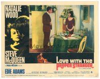 9y614 LOVE WITH THE PROPER STRANGER LC #3 '64 Natalie Wood smiles at Steve McQueen by table!