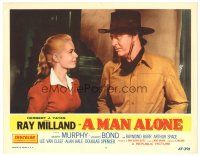 9y631 MAN ALONE LC #4 '55 c/u of star & director Ray Milland looking at pretty Mary Murphy!