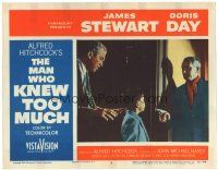 9y638 MAN WHO KNEW TOO MUCH LC #8 '56 Alfred Hitchcock, Jimmy Stewart & Olsen w/ armed Bernard Miles