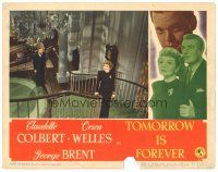 9y933 TOMORROW IS FOREVER LC '45 Orson Welles looking at Claudette Colbert on fancy staircase!