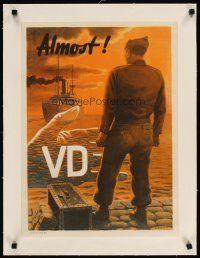 9z050 ALMOST VD linen Australian 16x23 WWII war poster '46 Shiffers art of discharged soldier delayed by VD!