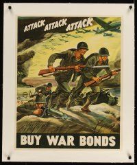 9z041 ATTACK ATTACK ATTACK linen 22x28 WWII war poster '42 cool Warren art of soldiers advancing!