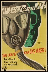 9z032 CARELESSNESS MEANS DEATH 24x36 WWII war poster '43 cool gas mask & skull art by Maurer!
