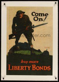 9z014 COME ON BUY MORE LIBERTY BONDS linen 20x30 WWI war poster '18 Whitehead art of U.S. soldier!