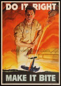 9z036 DO IT RIGHT MAKE IT BITE 28x40 WWII war poster '42 Beall art of worker & crashed aircraft!