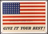 9z031 GIVE IT YOUR BEST! linen 28x40 WWII war poster'42 full-bleed image of American flag w/48 stars