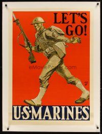 9z030 LET'S GO US MARINES linen 27x37 WWII war poster '41 cool art of soldier with rifle & bayonet!