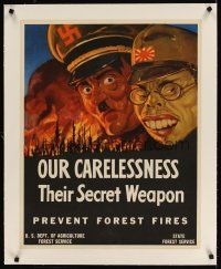 9z040 OUR CARELESSNESS THEIR SECRET WEAPON linen 22x28 WWII war poster '43 art of Hitler & Tojo!