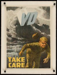 9z049 TAKE CARE VD linen 16x22 WWII war poster '46 soldier escaping venereal disease, Schiffers art
