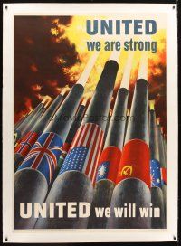 9z017 UNITED WE ARE STRONG linen 40x56 WWII war poster '43 art of cannons & flags by Henry Koerner!