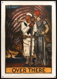 9z001 U.S. NAVY OVER THERE linen 40x59 WWI war poster '17 cool art of sailor & Columbia by Sterner!