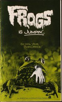 1c600 FROGS pressbook '72 great horror art of man-eating amphibian w/ human hand hanging from mouth!
