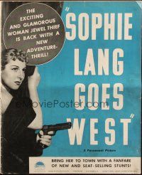 1c852 SOPHIE LANG GOES WEST pressbook '37 great image of reformed jewel thief Gertrude Michael w/gun