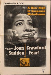 1c870 SUDDEN FEAR pressbook '52 great close up of terrified Joan Crawford, Jack Palance