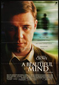 1g073 BEAUTIFUL MIND DS 1sh '01 Ron Howard directed, great close up image of Russell Crowe!