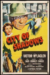 1g186 CITY OF SHADOWS 1sh '55 Victor McLaglen in New York City, cool crime artwork!