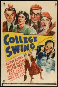 1g196 COLLEGE SWING style A 1sh '38 George Burns & Gracie, w/wacky Martha Raye & Bob Hope!
