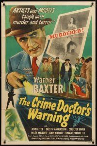 1g216 CRIME DOCTOR'S WARNING 1sh '45 detective Warner Baxter, artists & models tangle with murder!