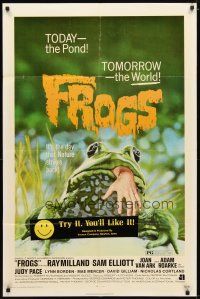 1g361 FROGS 1sh '72 great horror art of man-eating amphibian with human hand hanging from mouth!