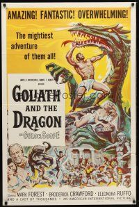 1g385 GOLIATH & THE DRAGON 1sh '60 cool fantasy art of Mark Forest battling the giant beast!