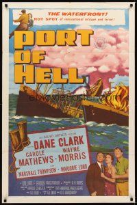 1g654 PORT OF HELL 1sh '54 art of Communist ship with exploding atom bombs!