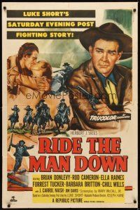 1g692 RIDE THE MAN DOWN 1sh '52 cool art of cowboys Brian Donlevy & Rod Cameron!