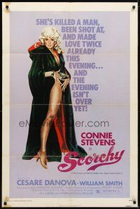 1g719 SCORCHY 1sh '76 full-length art of sexiest barely-dressed Connie Stevens in black cape!