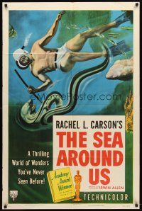 1g723 SEA AROUND US style A 1sh '53 really cool images of scuba divers and undersea creatures!