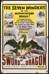 1g848 SWORD & THE DRAGON 1sh '60 cool fantasy art of three-headed winged monster attacking!
