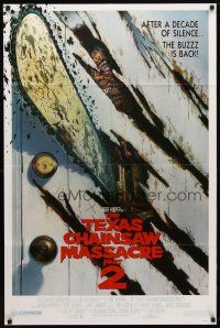 1g867 TEXAS CHAINSAW MASSACRE PART 2 door style 1sh '86 Tobe Hooper horror sequel, cool Huston art!