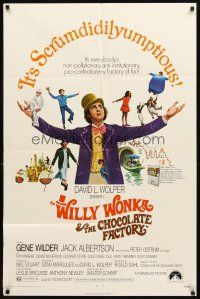 1g977 WILLY WONKA & THE CHOCOLATE FACTORY 1sh '71 Gene Wilder, it's scrumdidilyumptious!
