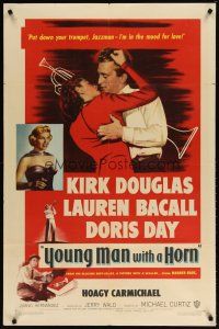 1g994 YOUNG MAN WITH A HORN 1sh '50 jazz man Kirk Douglas kisses sexy Lauren Bacall + Doris Day!