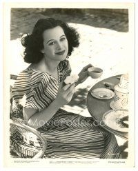 1h006 ALGIERS candid 8x10.25 still '38 beautiful Hedy Lamarr having a snack with coffee on the set!