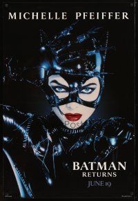 1j055 BATMAN RETURNS teaser 1sh '92 Tim Burton directed, sexy Michelle Pfeiffer as Catwoman!