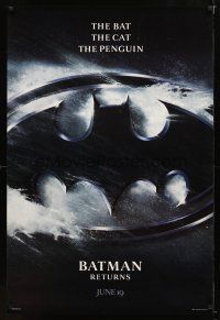 1j056 BATMAN RETURNS teaser 1sh '92 Tim Burton, cool close-up design of bat cowl!