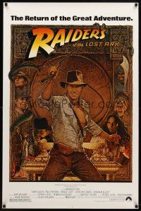 1j619 RAIDERS OF THE LOST ARK 1sh R80s great art of adventurer Harrison Ford by Richard Amsel!