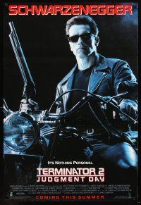 1j773 TERMINATOR 2 advance 1sh '91 James Cameron, Arnold Schwarzenegger on motorcycle w/shotgun!