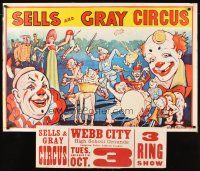 1m253 SELLS & GRAY CIRCUS circus poster '60s wacky art of many clowns!