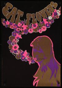 1m645 EAT FLOWERS Dutch commercial poster '60s psychedelic art of pretty woman & flowers!