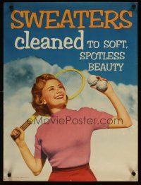 1m011 FOSTER-STEPHENS 21x28 advertising poster '50s sweaters drycleaned, sexy tennnis player!