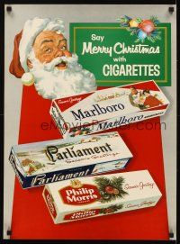 1m001 SAY MERRY CHRISTMAS WITH CIGARETTES 19x26 advertising poster '50s art of Santa & cigs!
