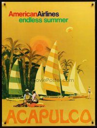 1m132 AMERICAN AIRLINES ACAPULCO travel poster '70s V.K. artwork of beach & sailboats!